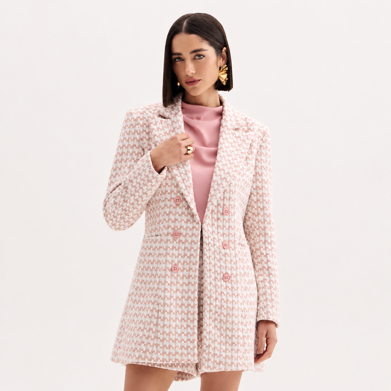Blazer Feminino Alongado Tweed Rosa Claro Flor De Lis