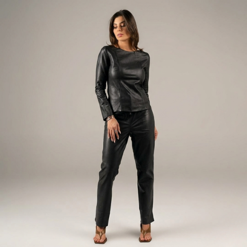 Blusa de Manga Longa Feminina Couro Legítimo Espaço Opção