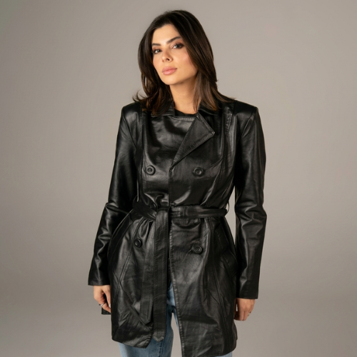 Trench Coat Feminino Preto Couro Legítimo Espaço Opção - Imagem 3