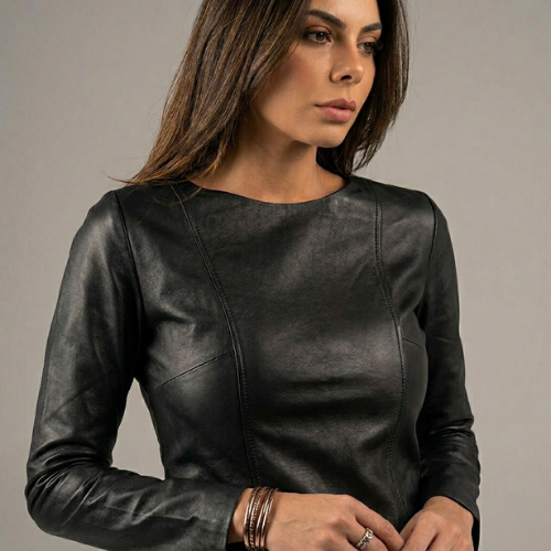 Blusa de Manga Longa Feminina Couro Legítimo Espaço Opção - Imagem 3