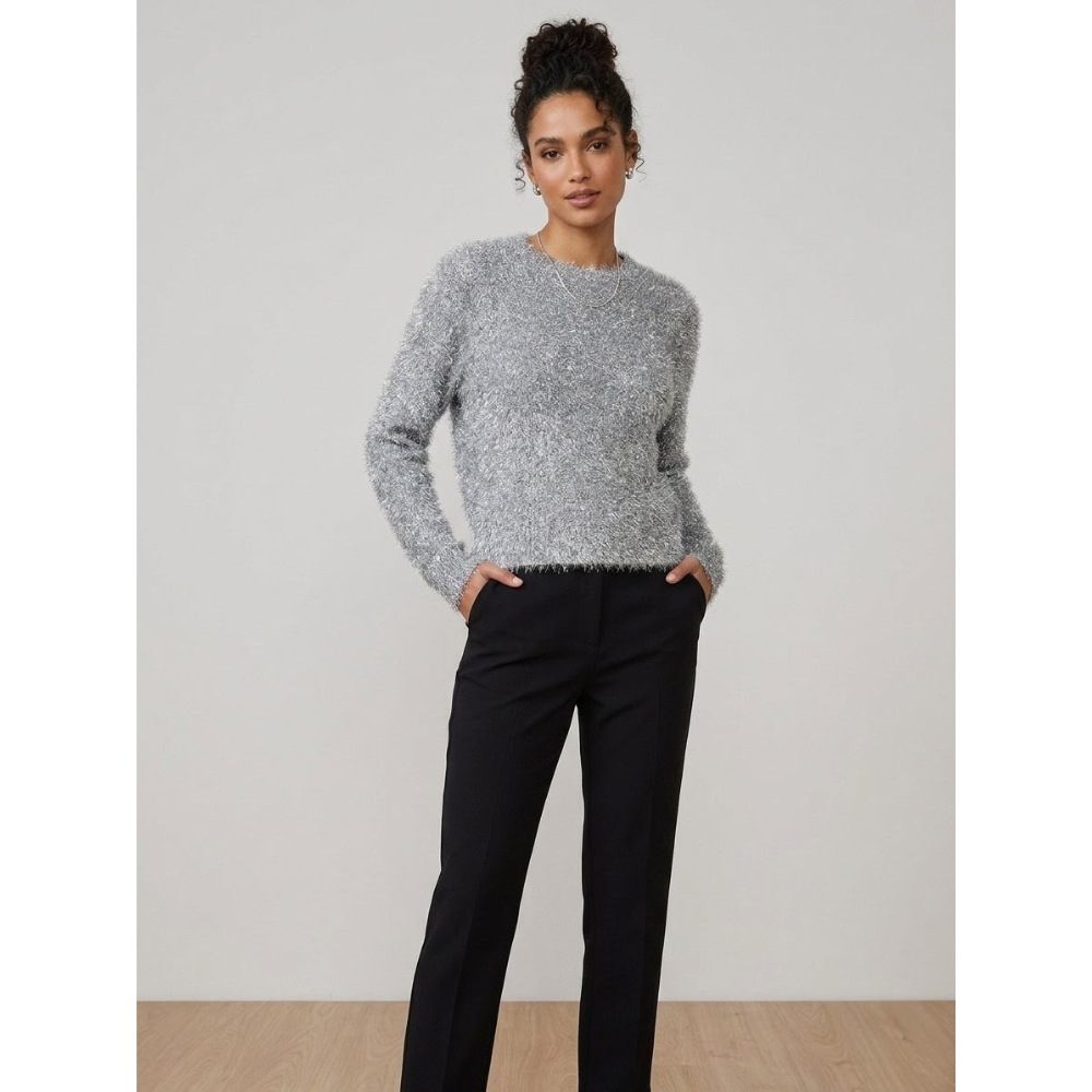 Blusa De Tricot Pelinho Com Lurex Prata Animale Jeans