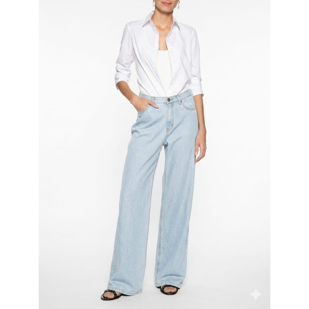 Calça Feminina Azul Claro Jeans A Wide Leg 2 Lavagens Cantão
