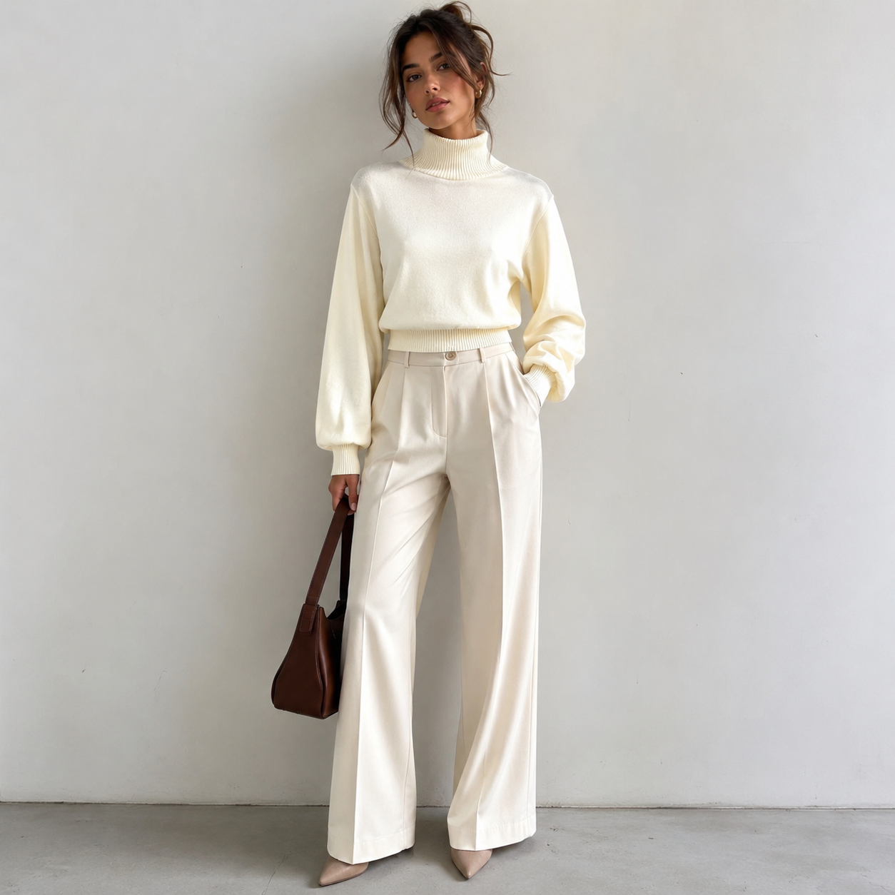 Blusa Feminina Tricot Solta Manga Longa Off White Flor de Lis