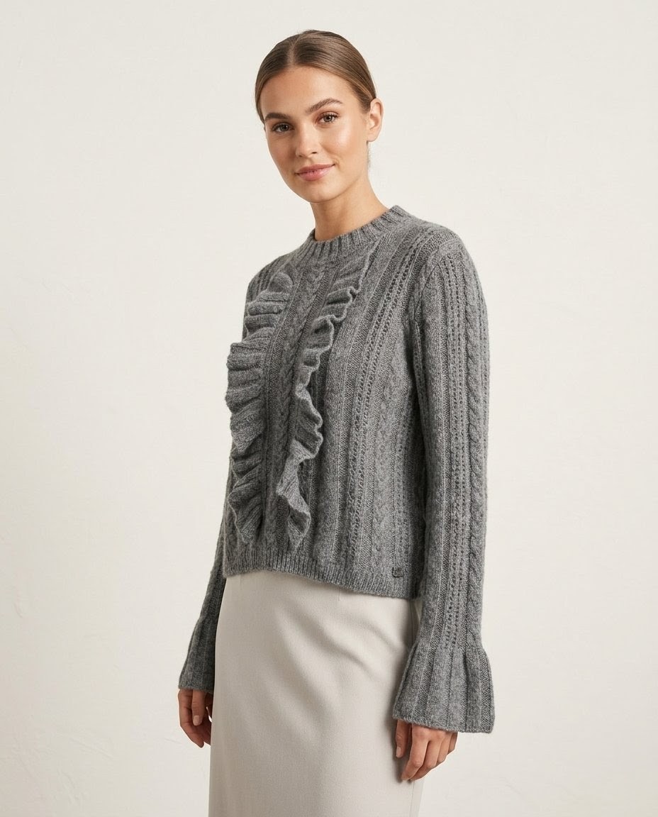 Blusa Tricot Feminina Babados Lauren Cinza Carmim