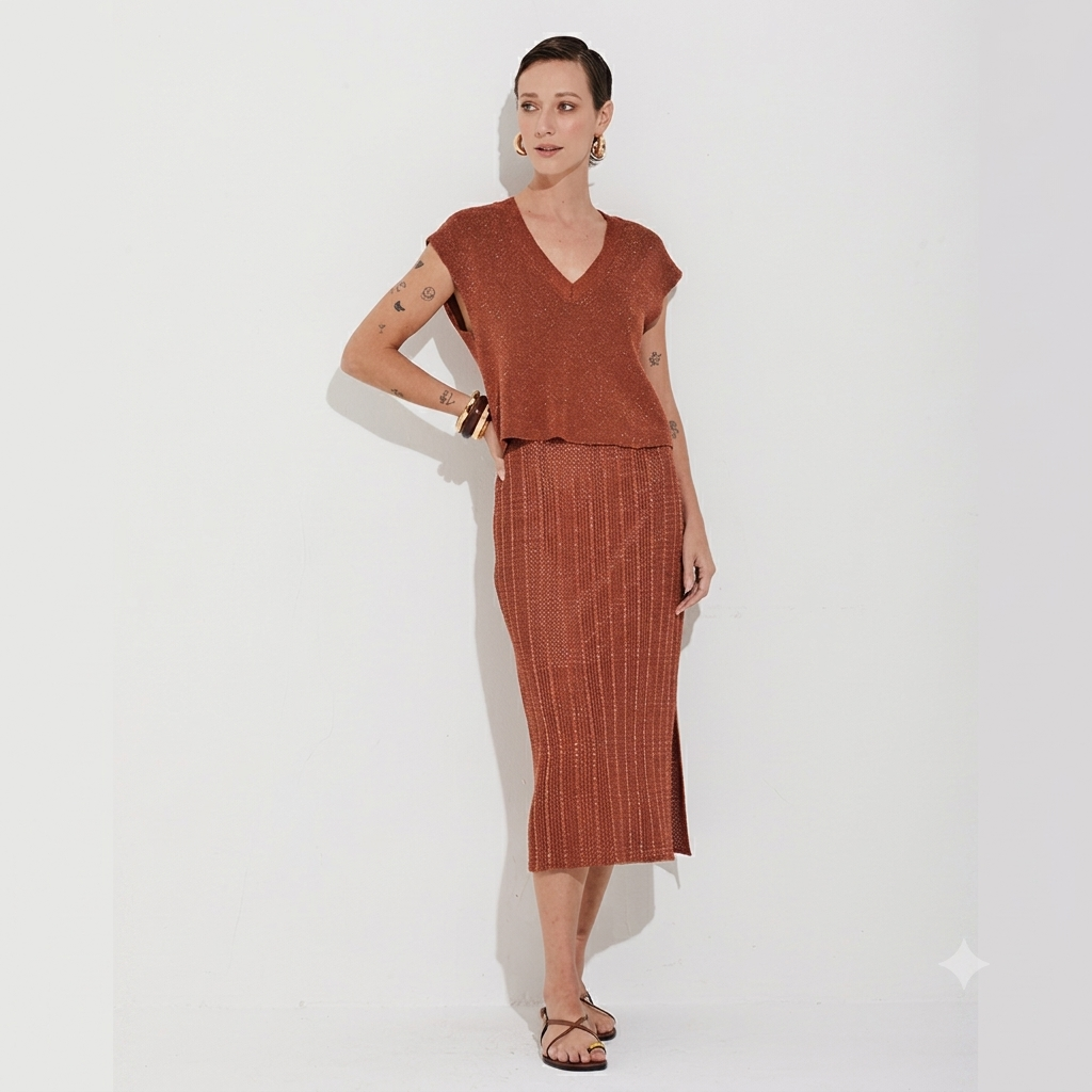 Saia Feminina Reta Tricot Mix De Pontos Viviane Furrier