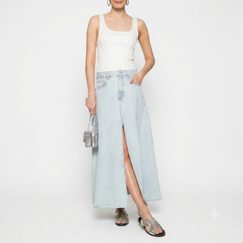 Saia Feminina Longa Jeans Claro Fenda Animale Jeans
