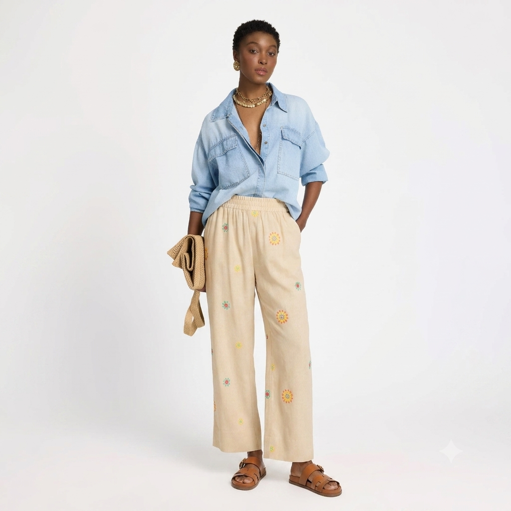 Calça Feminina Linho Bordado Color Cantão