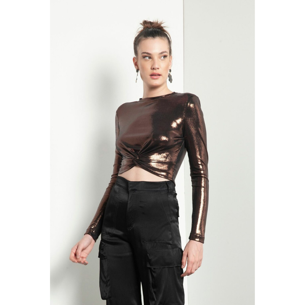 Blusa Cropped Feminina Manga Longa Marrom Metalizado Tonage