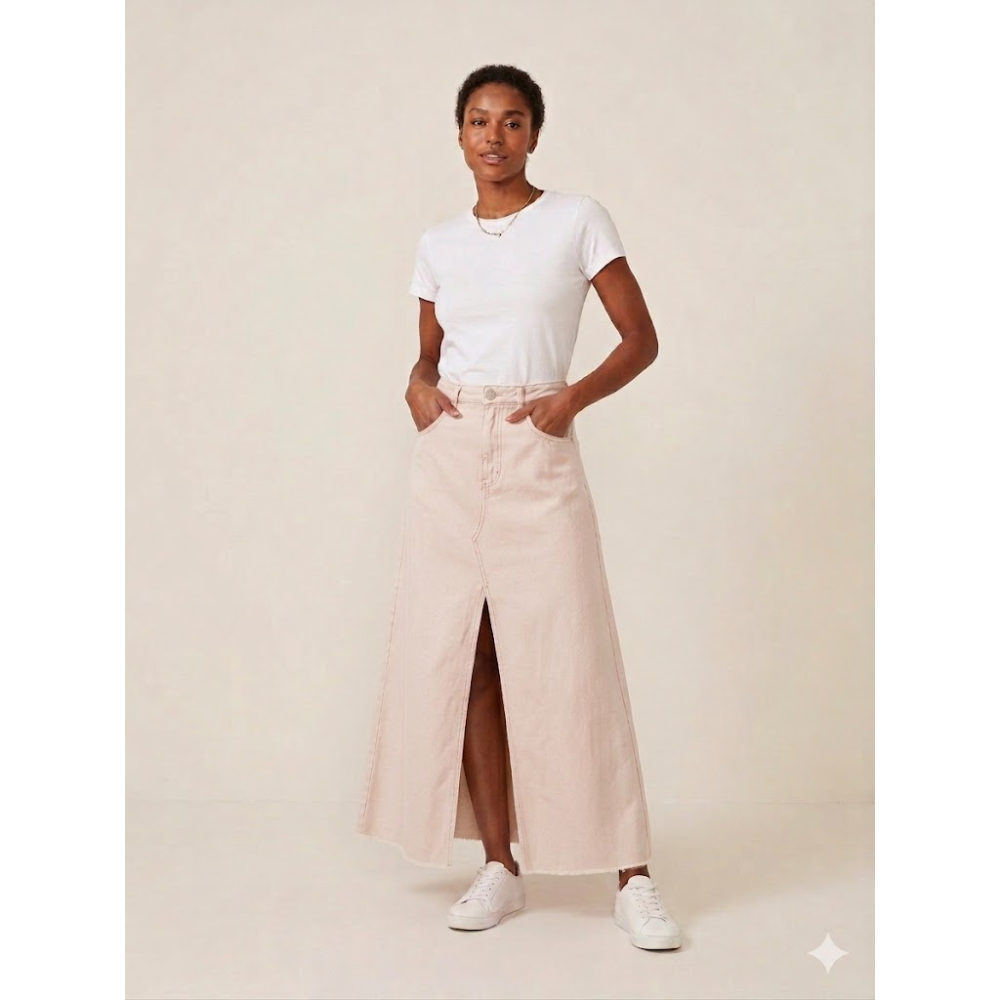 Saia Feminina Sarja Longa Fenda Frontal Rosa Claro Animale Jeans