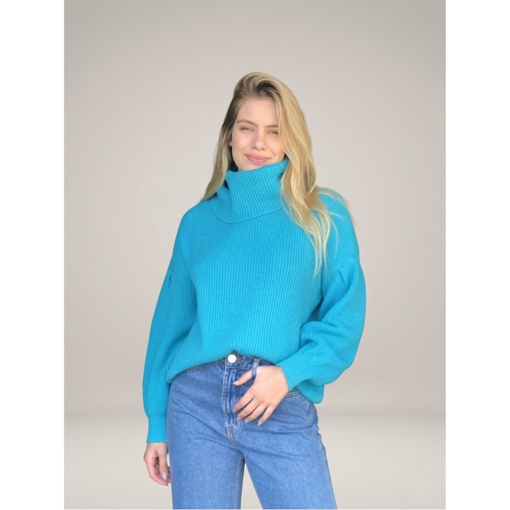 Blusa Feminina Tricot Manga Bufante Azul Turquesa Ambicione