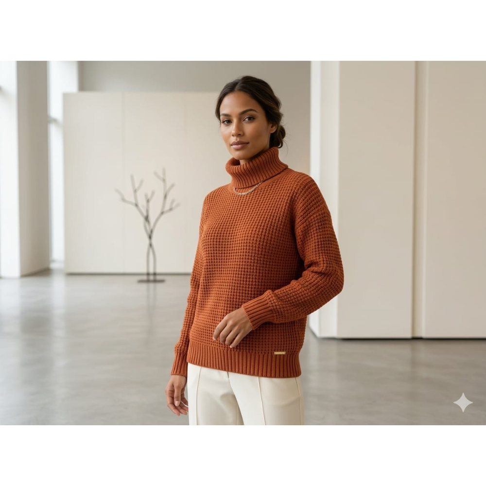 Blusa Feminina Tricot Maxi Gola Removível Caramelo Ambicione