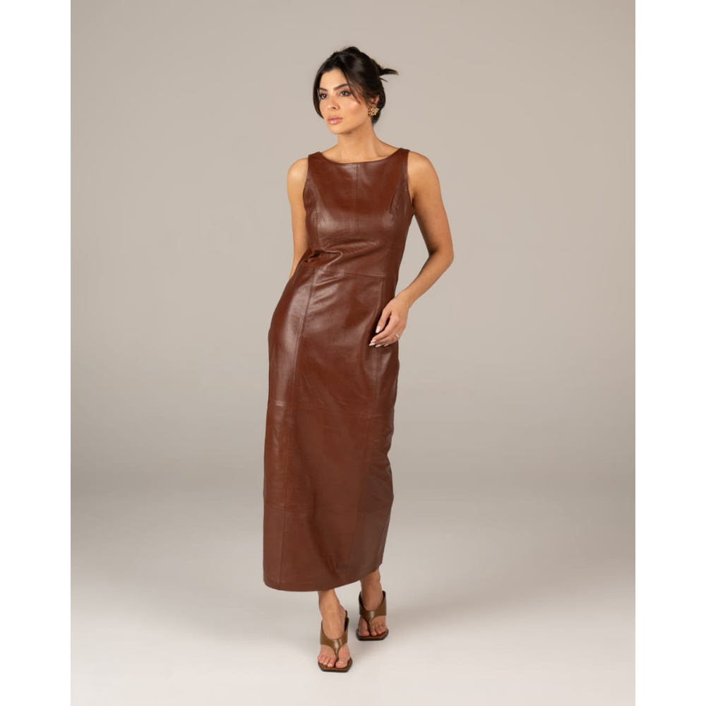 Vestido Midi Feminino Couro Legítimo Gola Canoa Marrom Tabaco Espaço Opção
