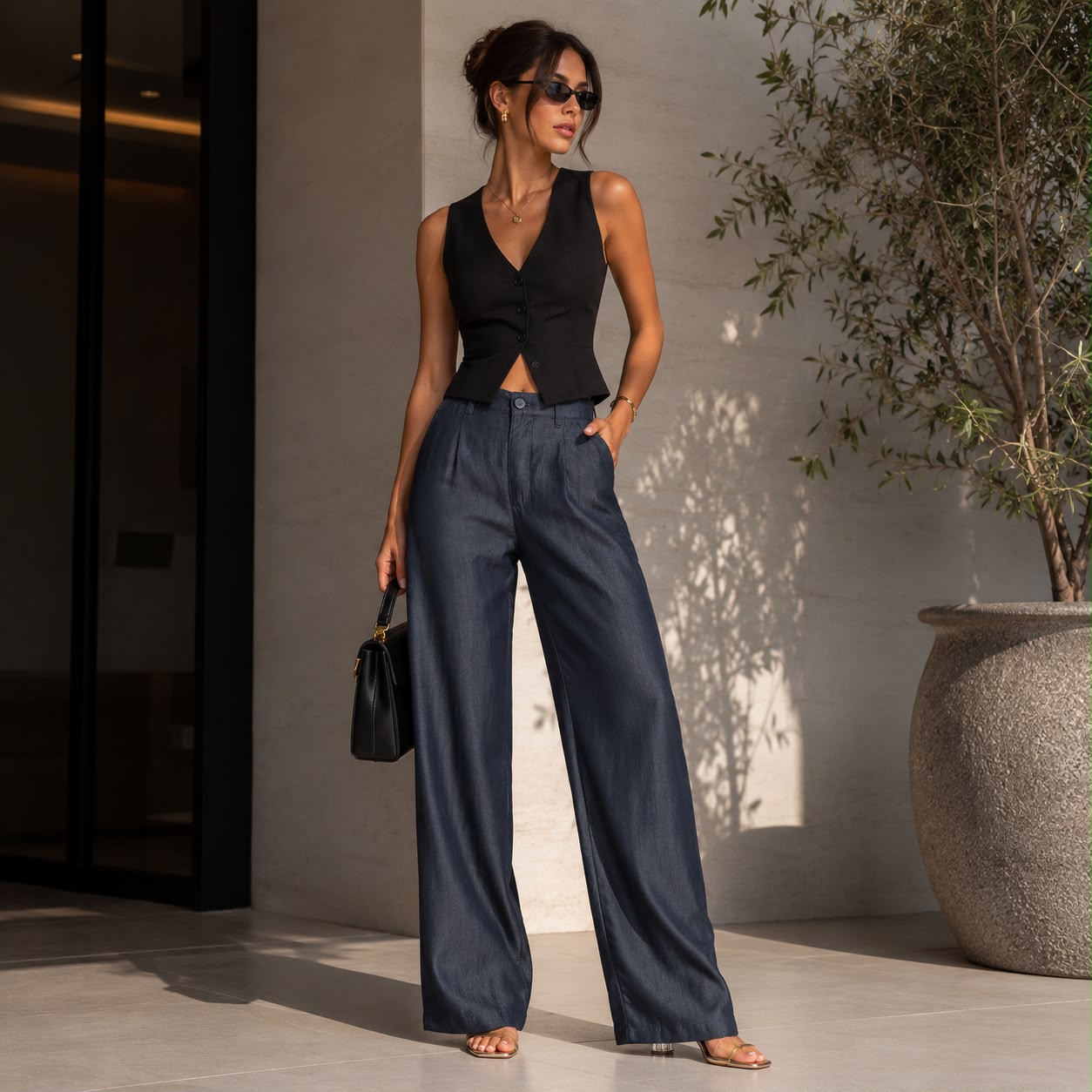 Calça Feminina Wide Leg Jeans Liocel Cós Alto Gatos e Atos