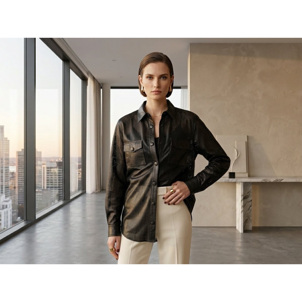 Camisa Feminina Couro Legítimo Vazada Preta Espaço Opção