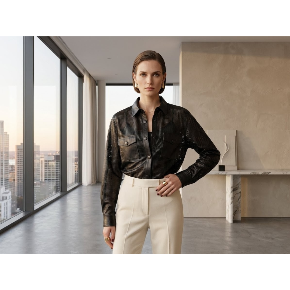 Camisa Feminina Couro Legítimo Vazada Preta Espaço Opção - Imagem 3
