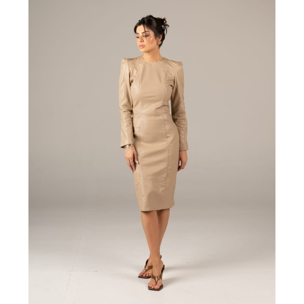 Vestido Feminino Midi Manga Longa Couro Legítimo Bege Claro Espaço Opção