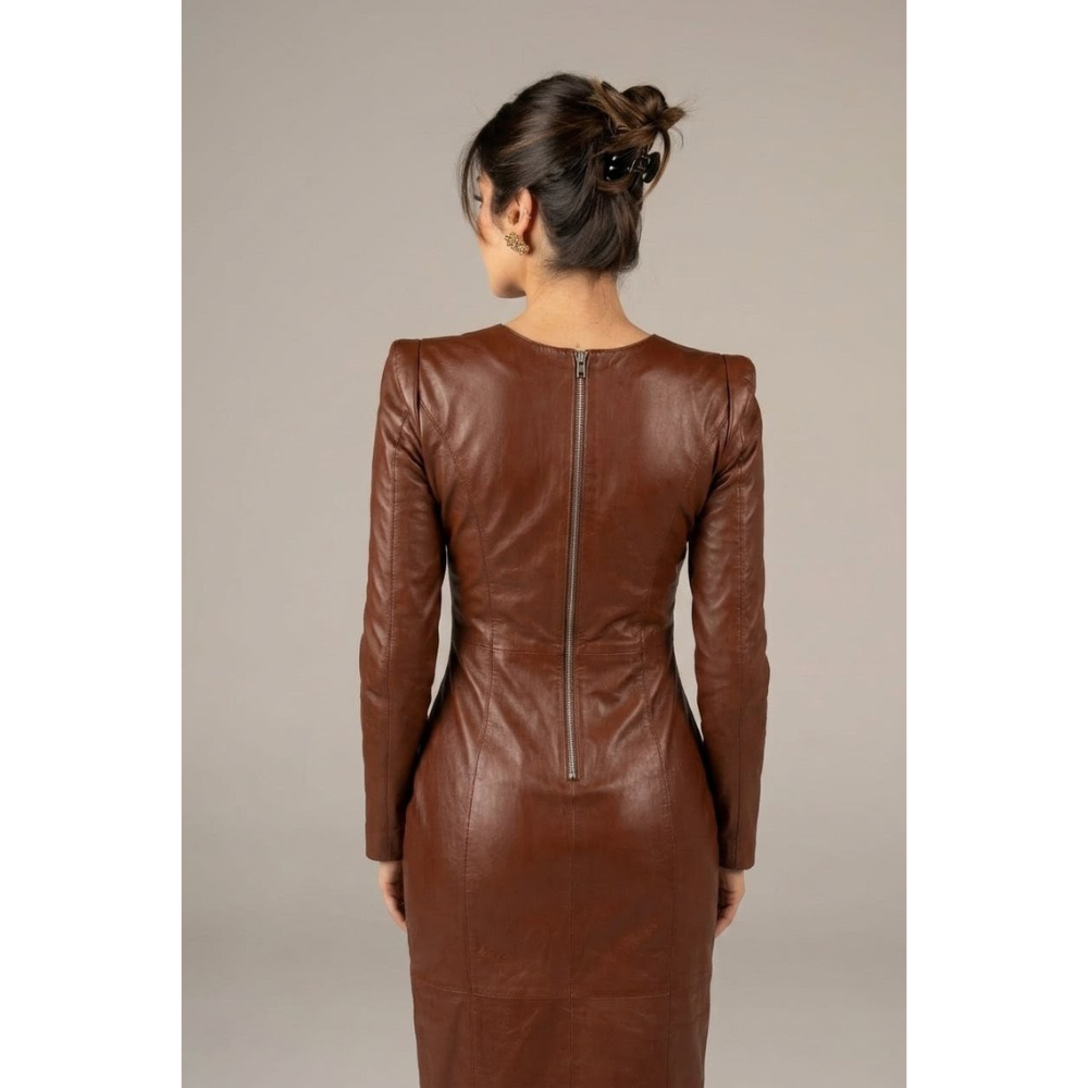 Vestido Feminino Midi Manga Longa Couro Legítimo Marrom Tabaco Espaço Opção - Imagem 4