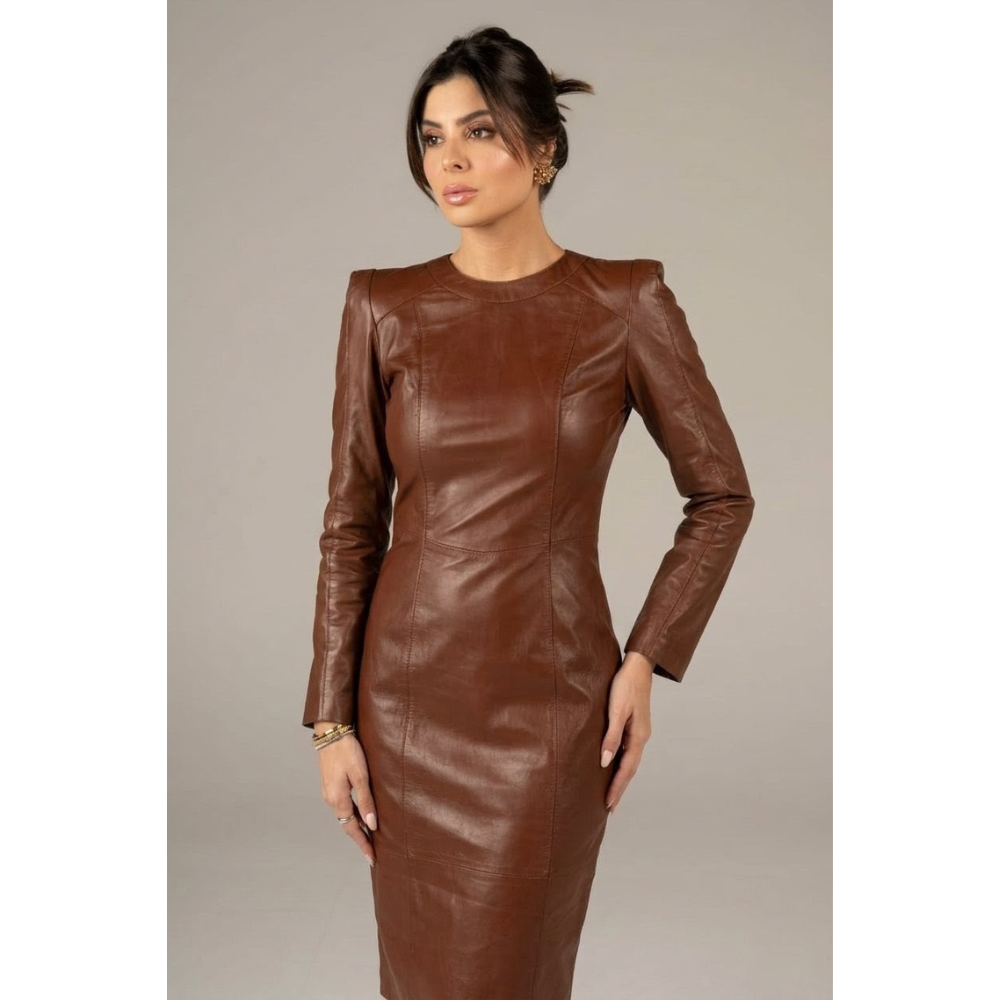 Vestido Feminino Midi Manga Longa Couro Legítimo Marrom Tabaco Espaço Opção